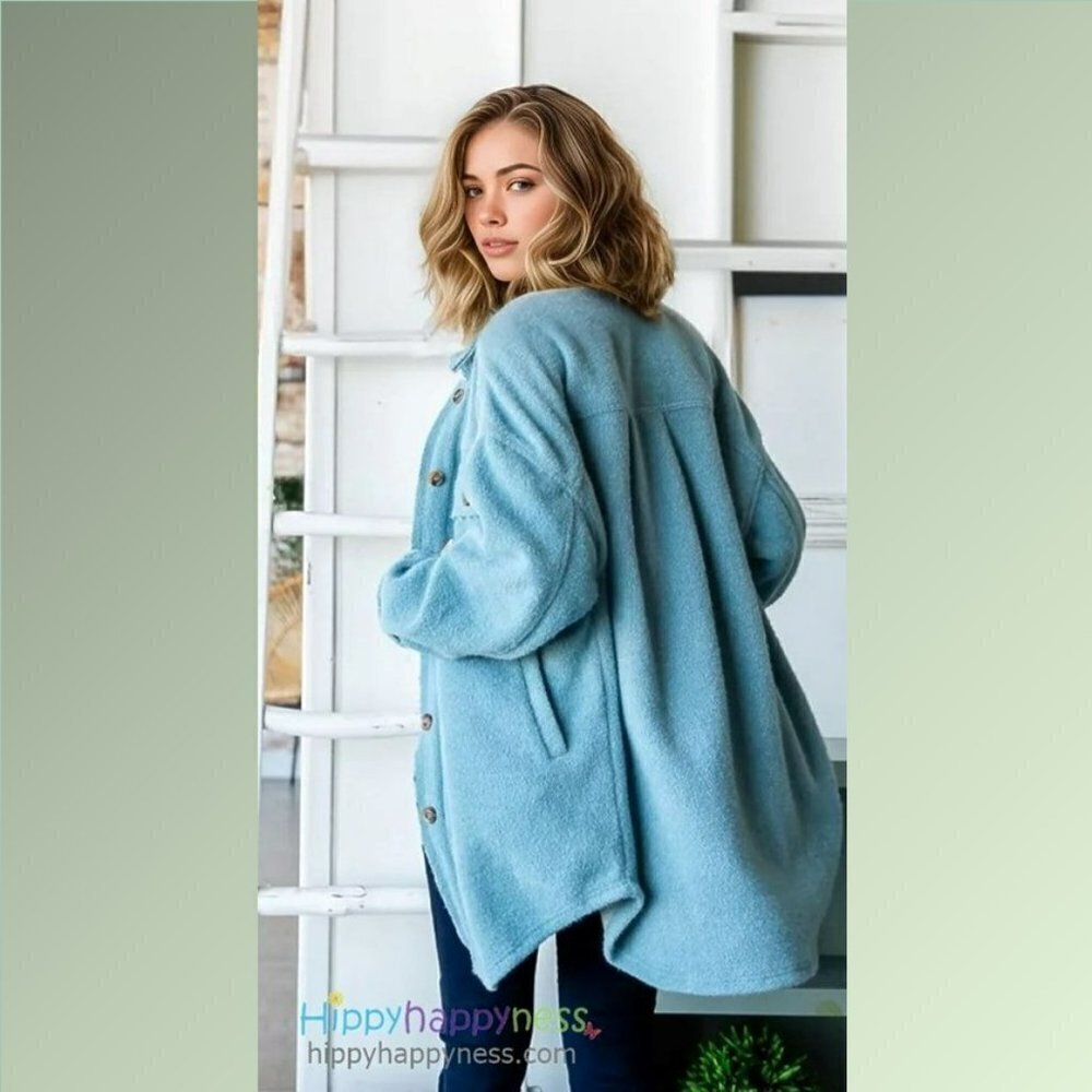 New Oli & Hali Shacket Shirt Jacket Oversized Plush Dusty Blue NWT - Picture 6 of 10